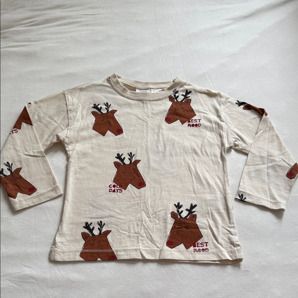 Zara Kids Festive Reindeer Long Sleeve Tee - Cream and Brown Size 3-4 Years